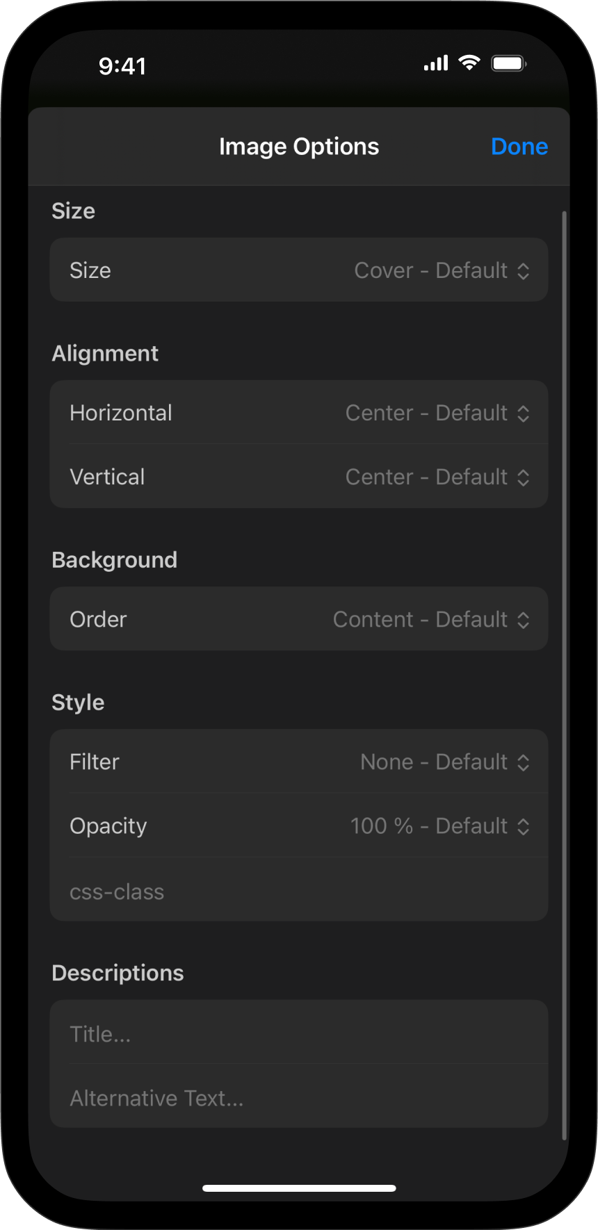 Screenshot showing the Image Options menu