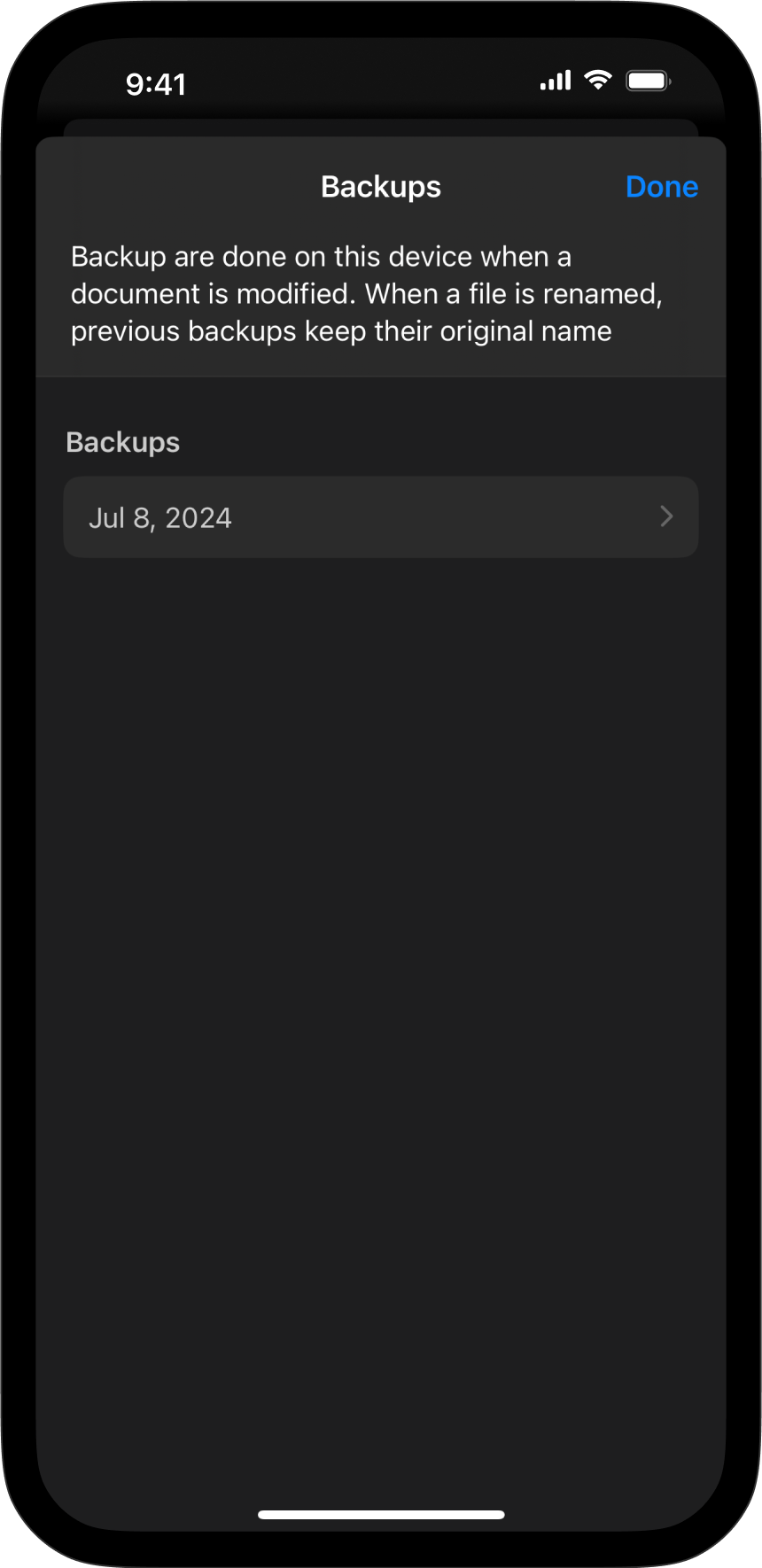 Screenshot of the Backups menu displaying a file available for backup.