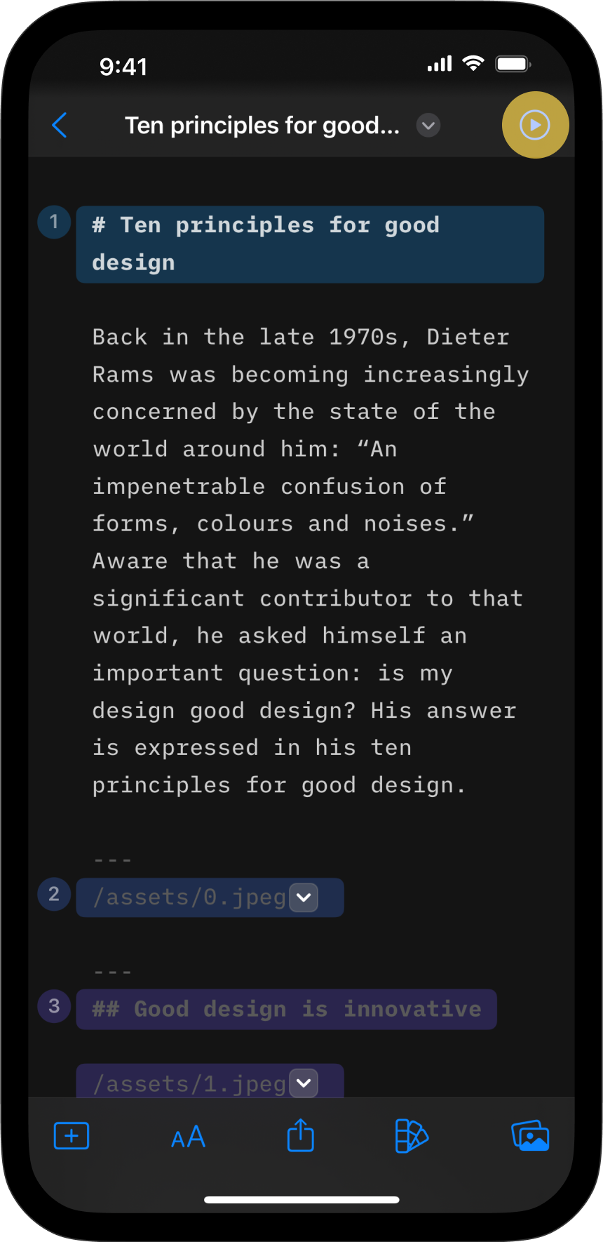 Screenshot of the Editor in Presenter with the Play button hgihlighted.