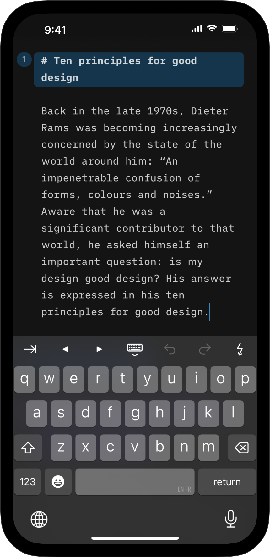 Screenshot of iA Presenter’s Editor with typed text.