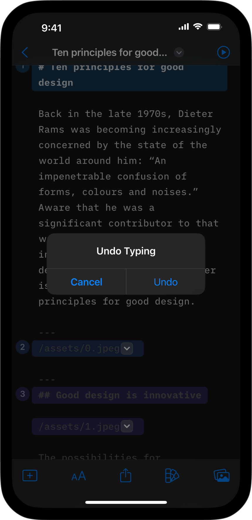 Screenshot of the Editor with a system pop-up asking to undo typing with the option to cancel or undo.