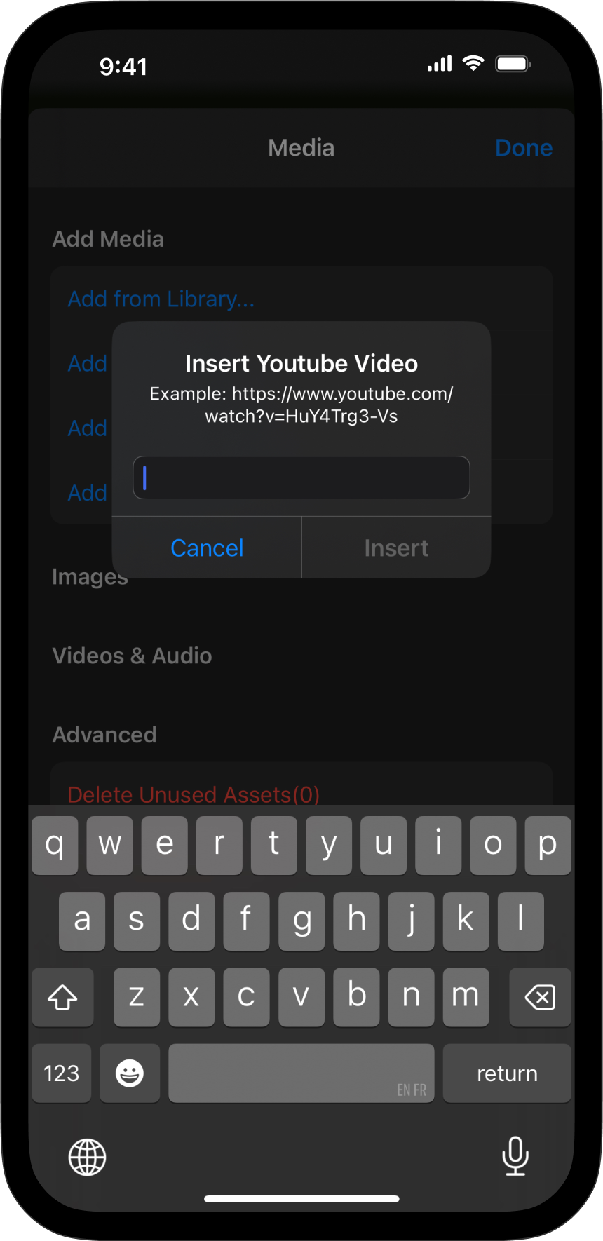 Screenshot of the Add YouTube Video option.