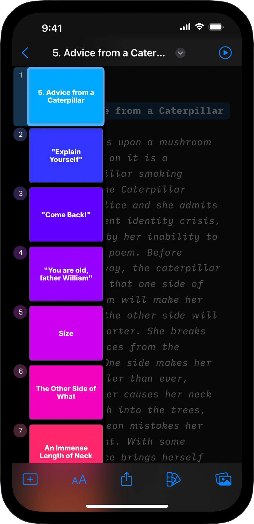 Screenshot of the same file imported in iA Presenter with slides cut after each headers.