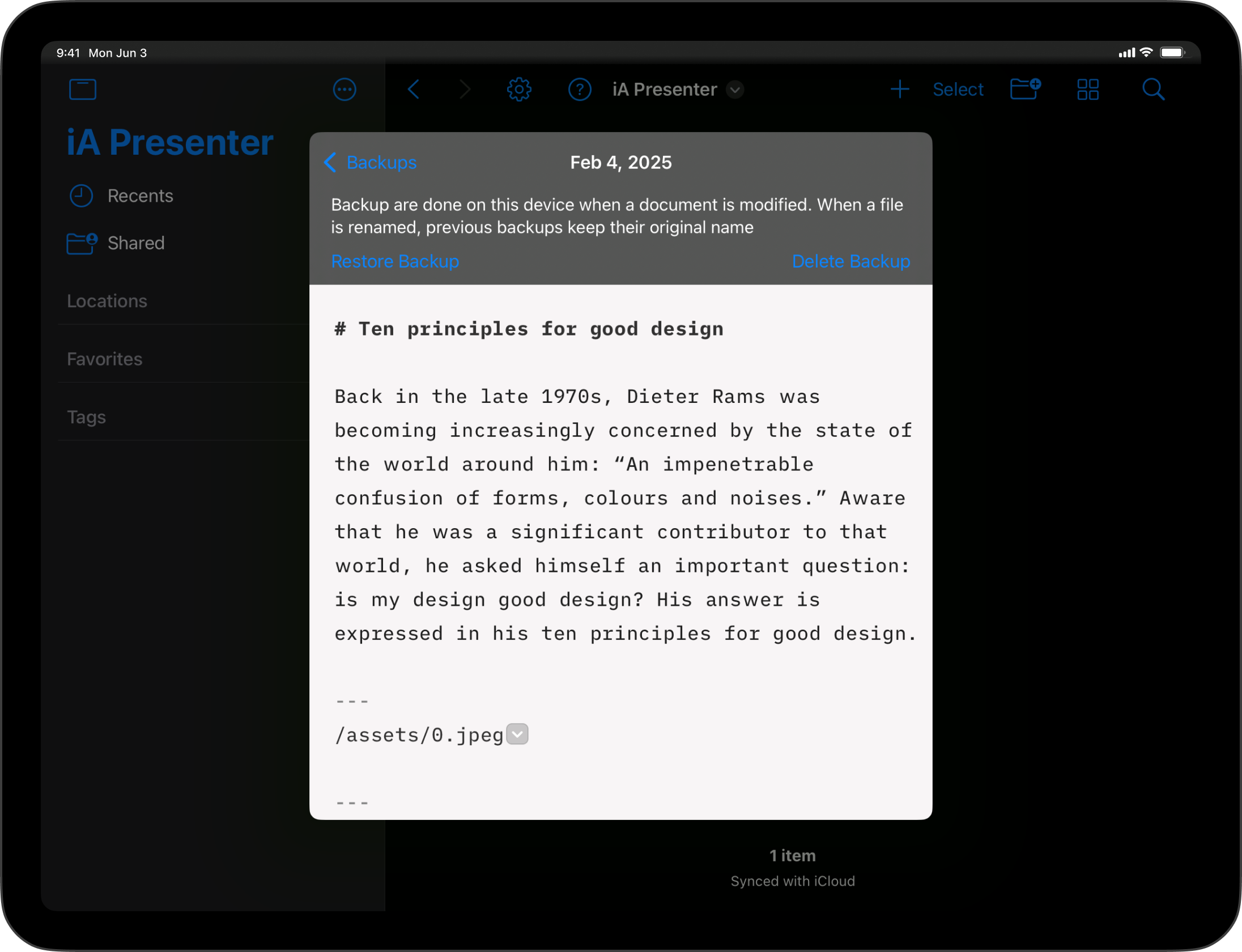 Screenshot of selected file content displayed with options to restore or delete the backup.