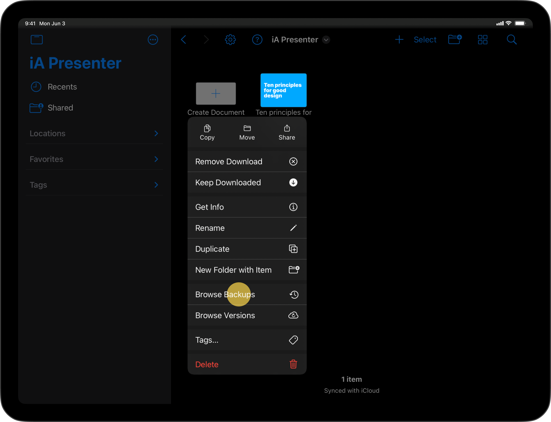 Screenshot of the Presenter Library showing a selected file with the contextual menu open and the Browse Backups option highlighted.