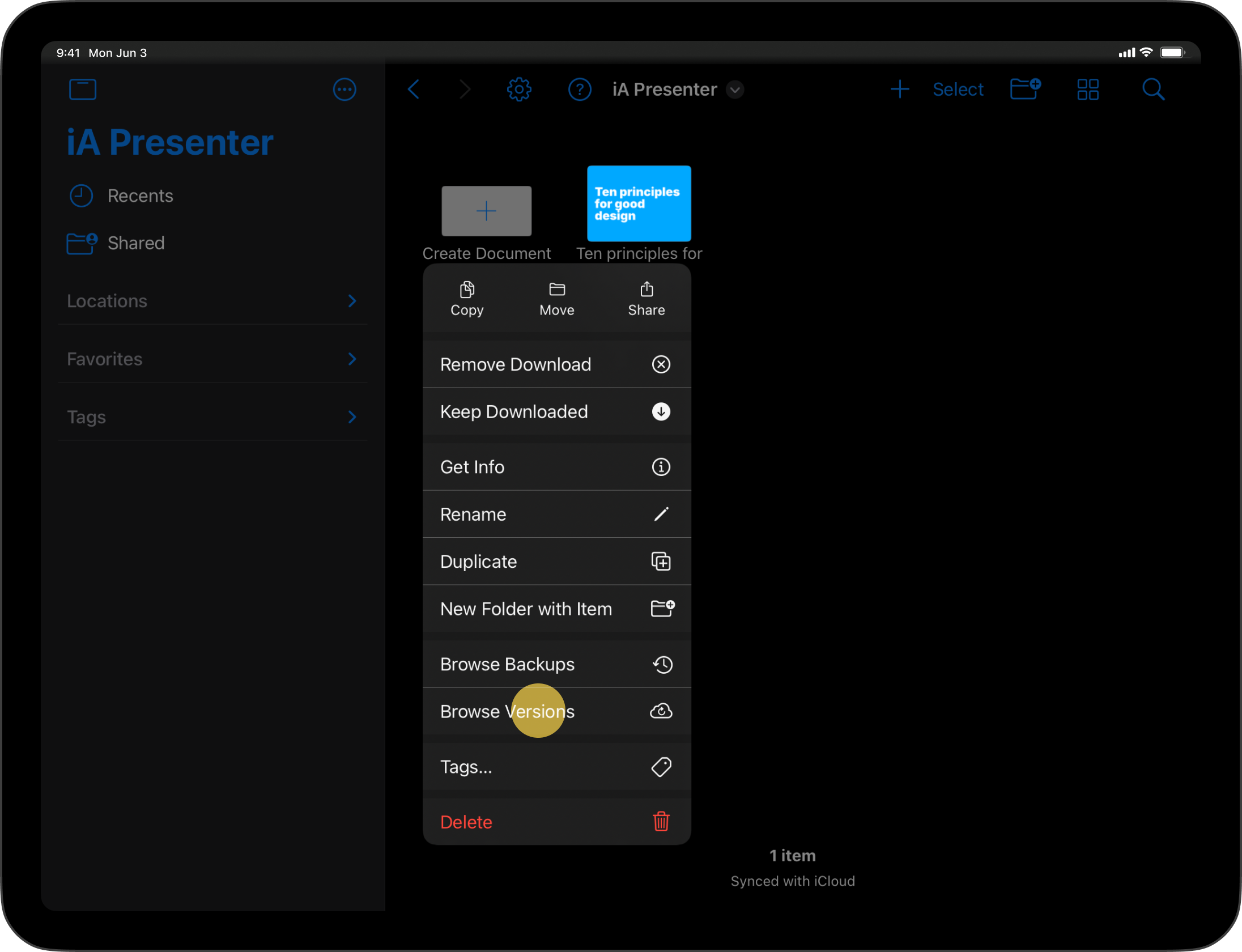 Screenshot of the Presenter Library showing a selected file with the contextual menu open and the Browse Version option highlighted.