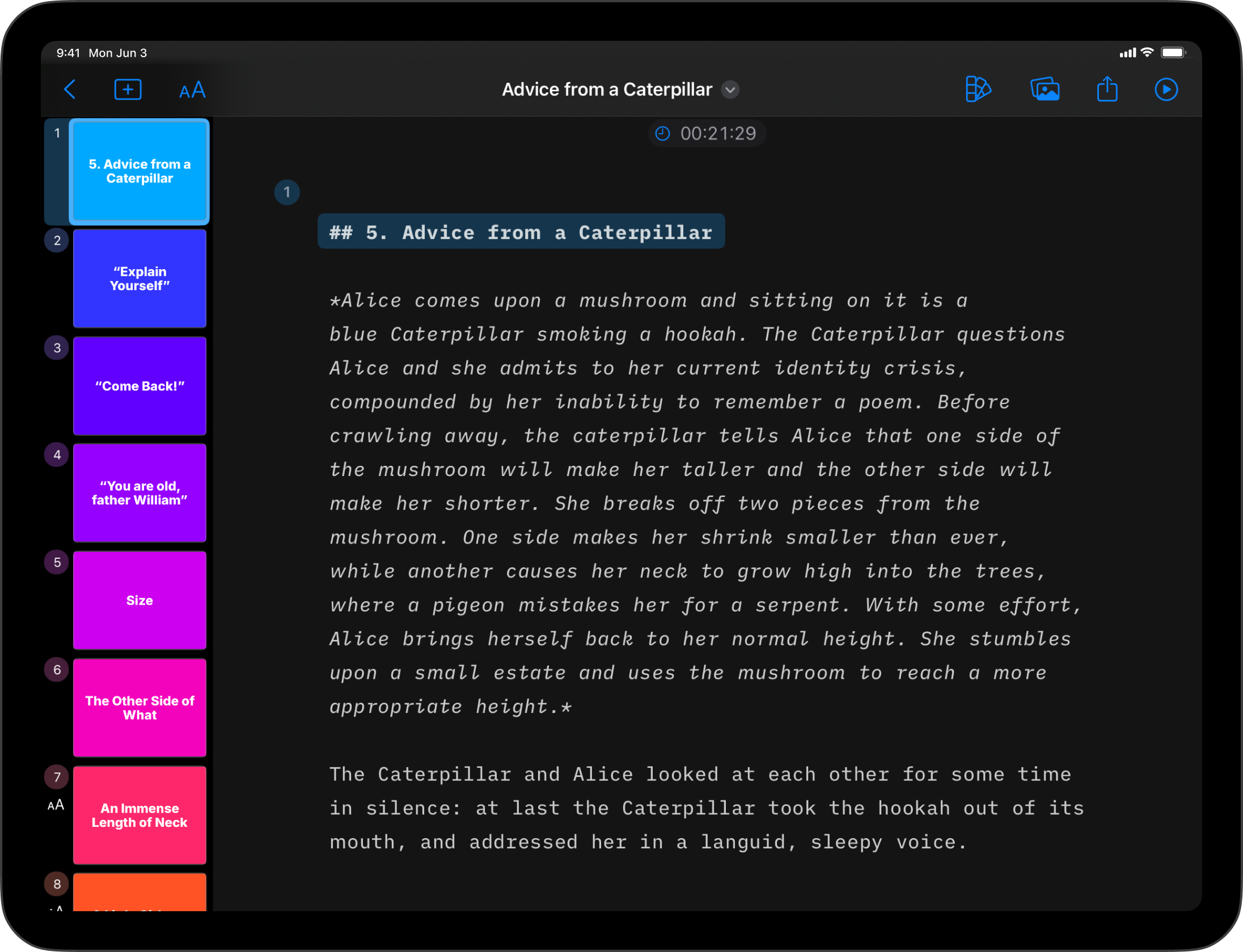 Screenshot of the same file imported in Presenter with slides cut after each headers.