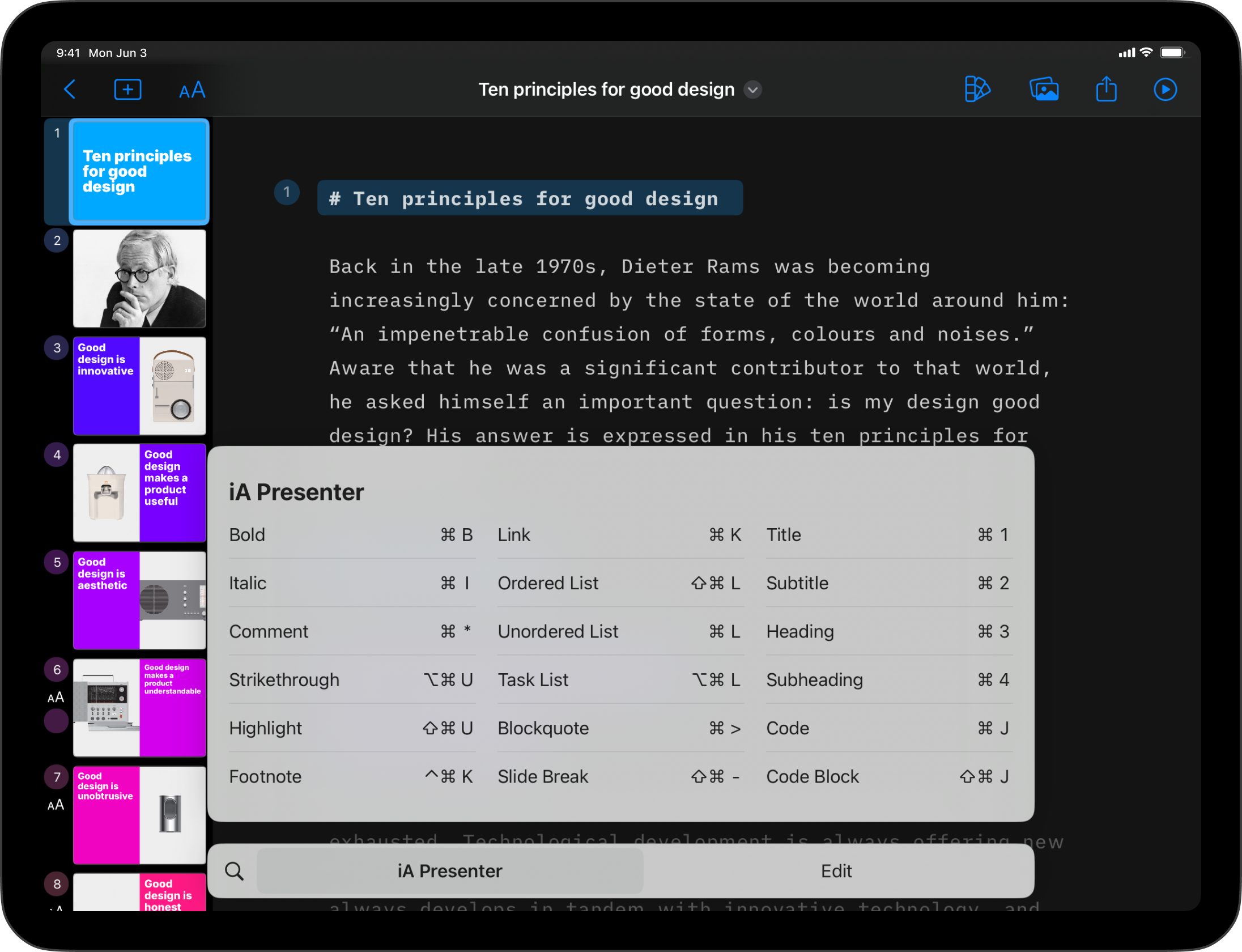 The shortcuts list of Presenter on iPad.