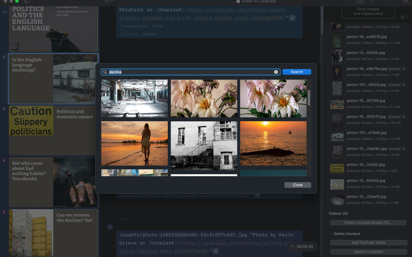 Screenshot showing Unsplash integration in iA Presenter