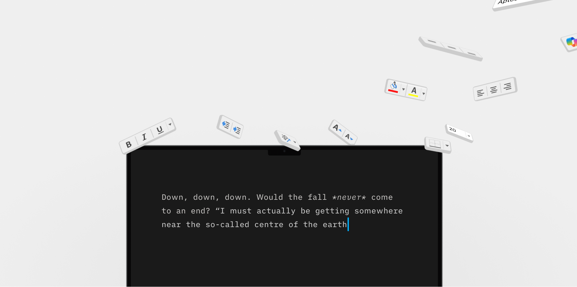 iA Writer hero images with formatting buttons flying out