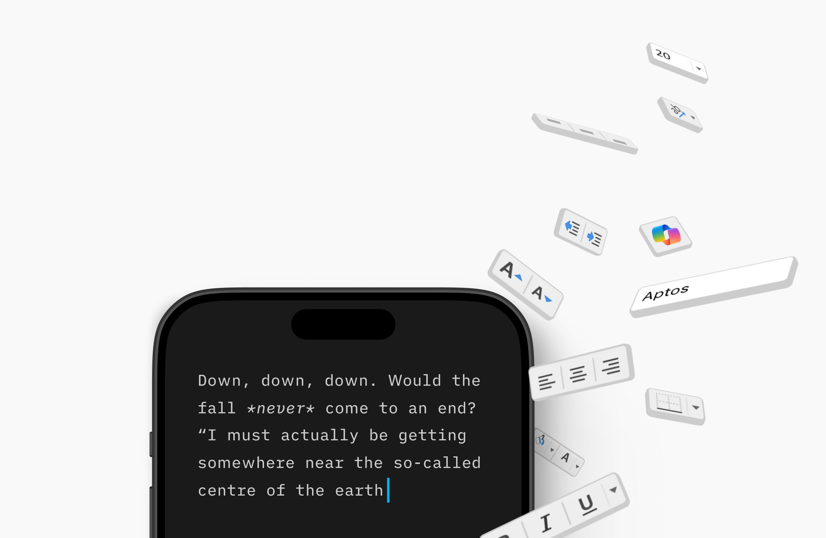 iA Writer hero images with formatting buttons flying out