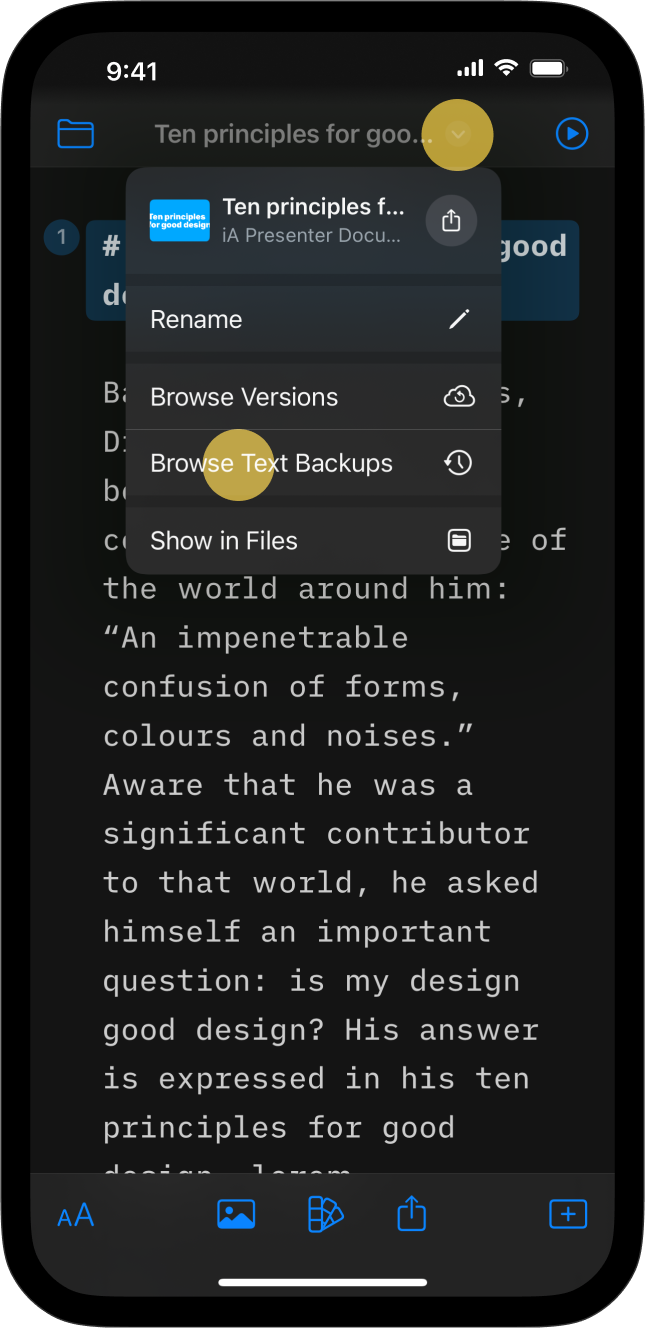 Screenshot of the Editor with a context menu opened and the Browse Text Backup tab highlighted
