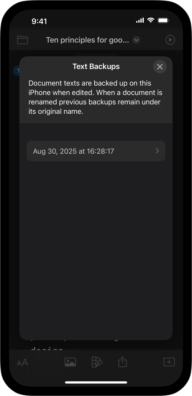 Screenshot of the Browse Text Backup menu
