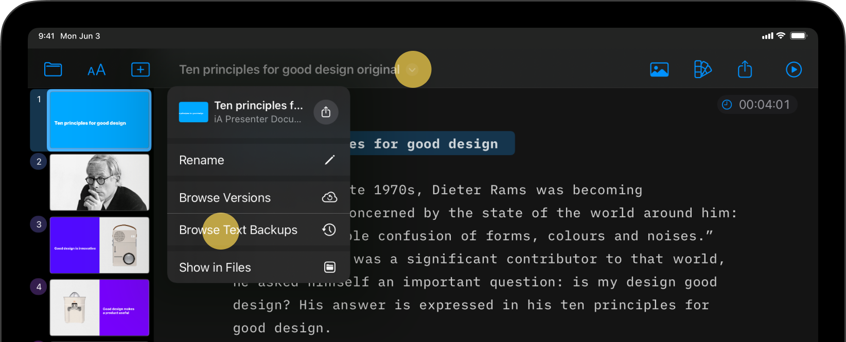 Screenshot of the Editor with a context menu opened and the Browse Text Backup tab highlighted