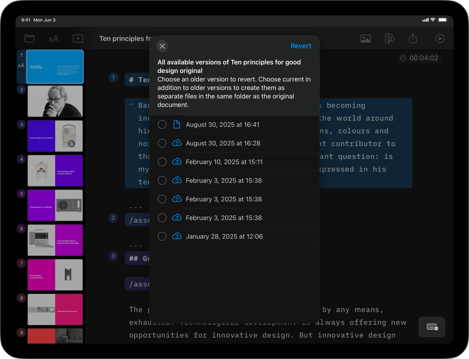 Screenshot of the Presenter Library showing a selected file with the contextual menu open and the Browse Version option highlighted.