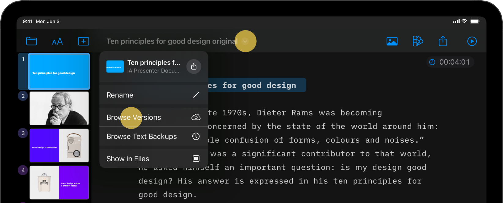 Screenshot of the Editor with a context menu opened and the Browse Versions tab highlighted