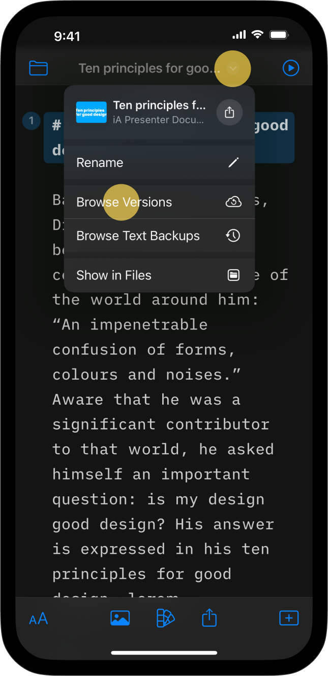 Screenshot of the Editor with a context menu opened and the Browse Versions tab highlighted