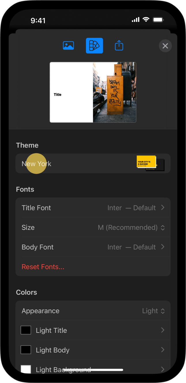 The Theme section within the Design menu.