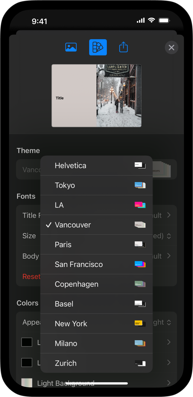 The Theme dropdown menu.