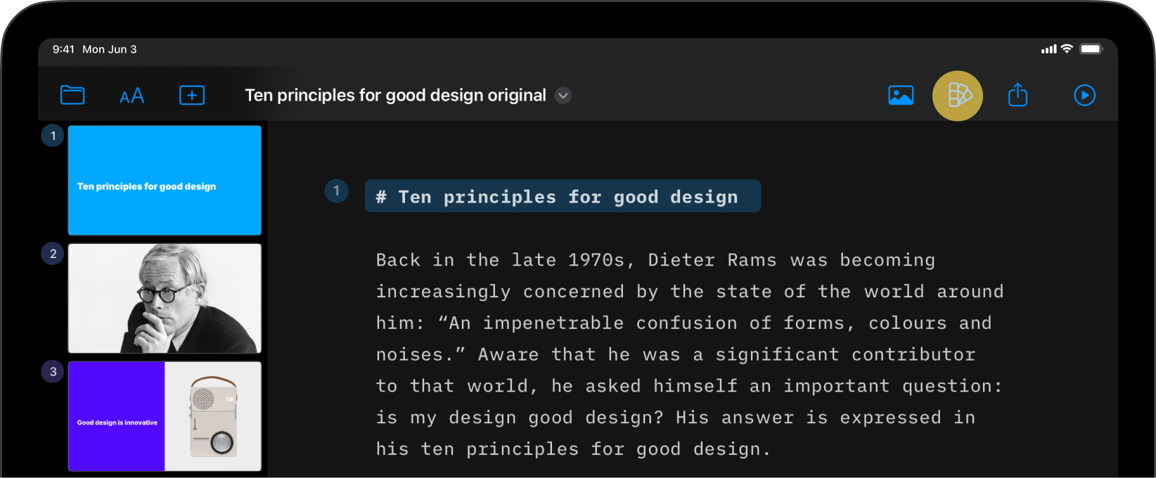 Access the Design menu from the top-right of the title bar.