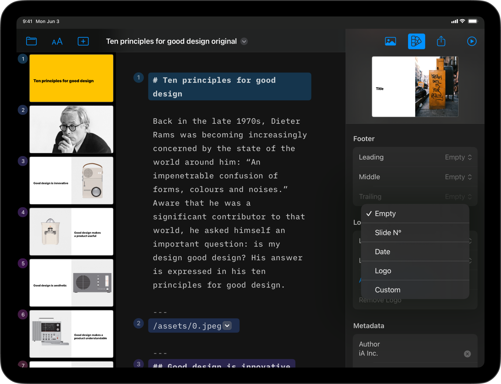 Footer options in the Design menu.