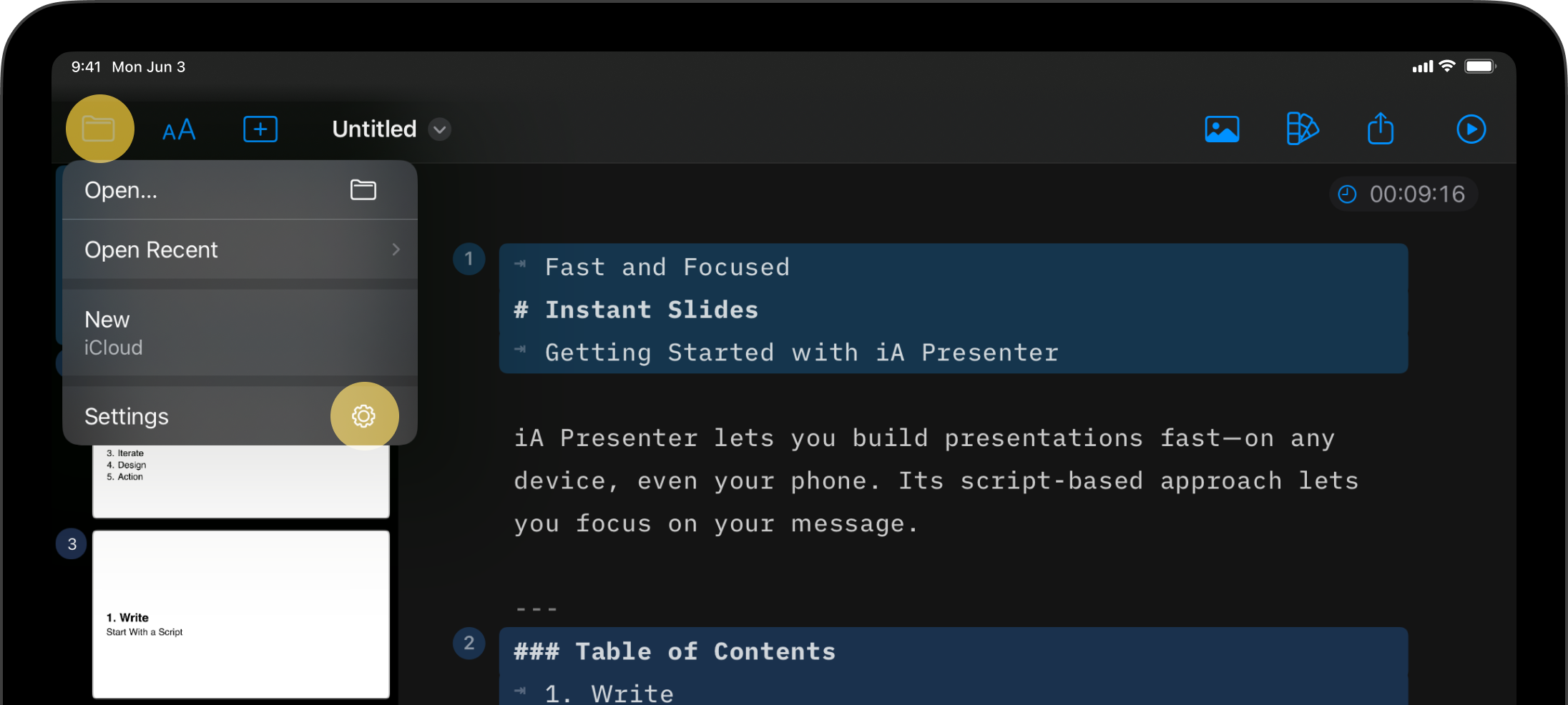 Screenshot of Presenter on iPad showing how to access the Settings from the Files button in the Editor