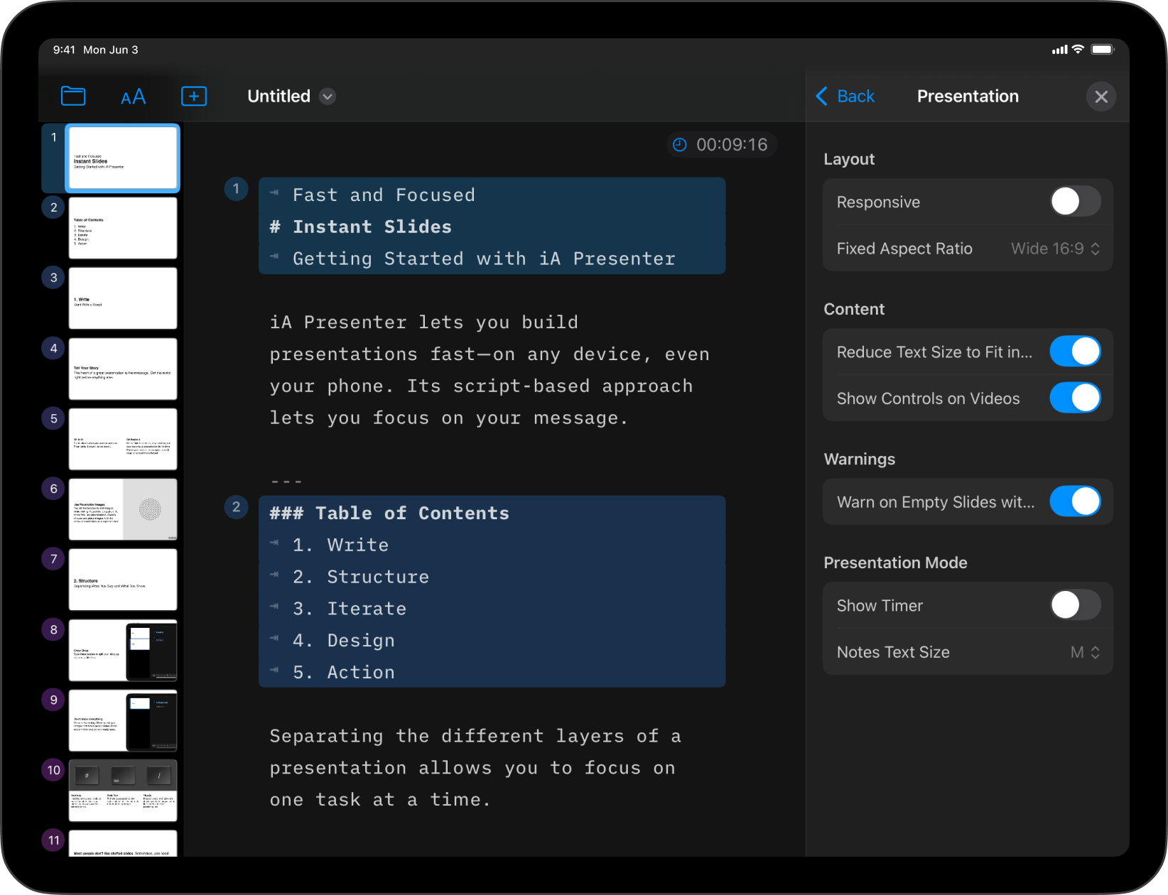 Screenshot of the Presentation Menu Settings options