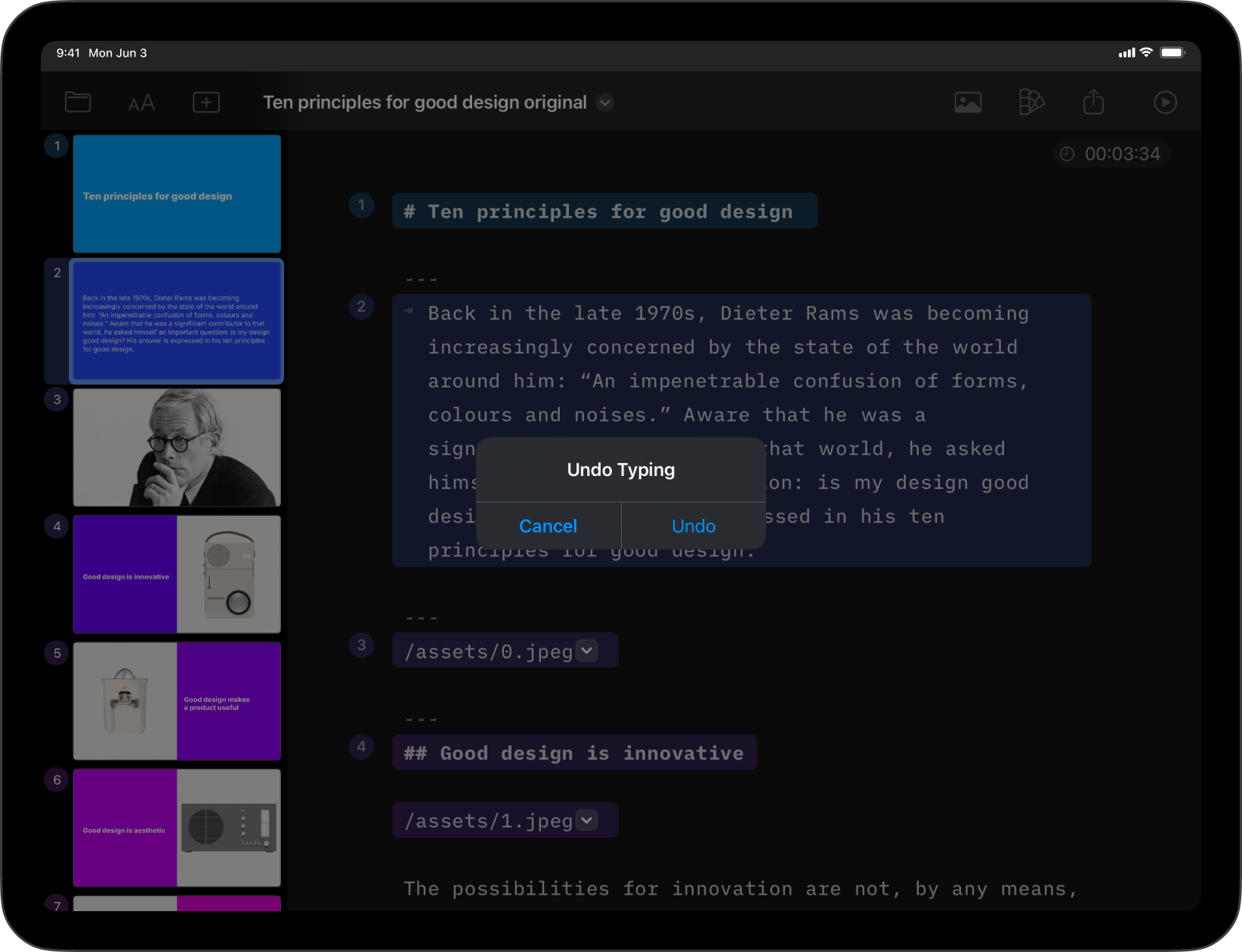 Screenshot of the Editor with a system pop-up asking to undo typing with the option to cancel or undo.
