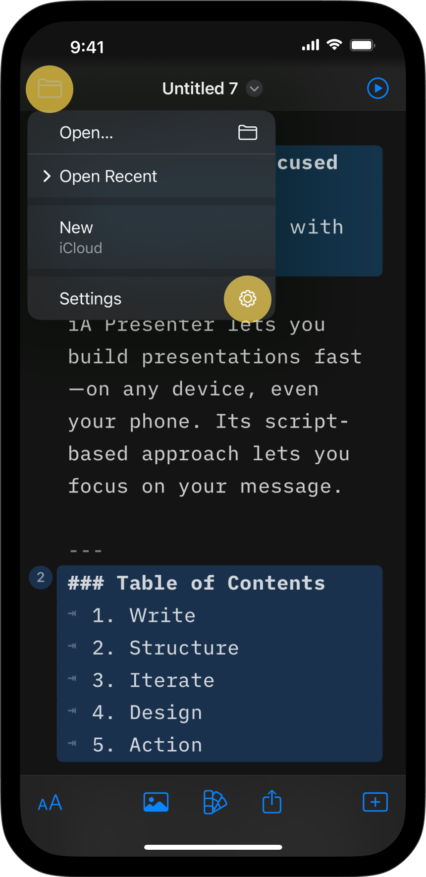 Screenshot of Presenter on iPhone showing how to access the Settings from the Files button in the Editor