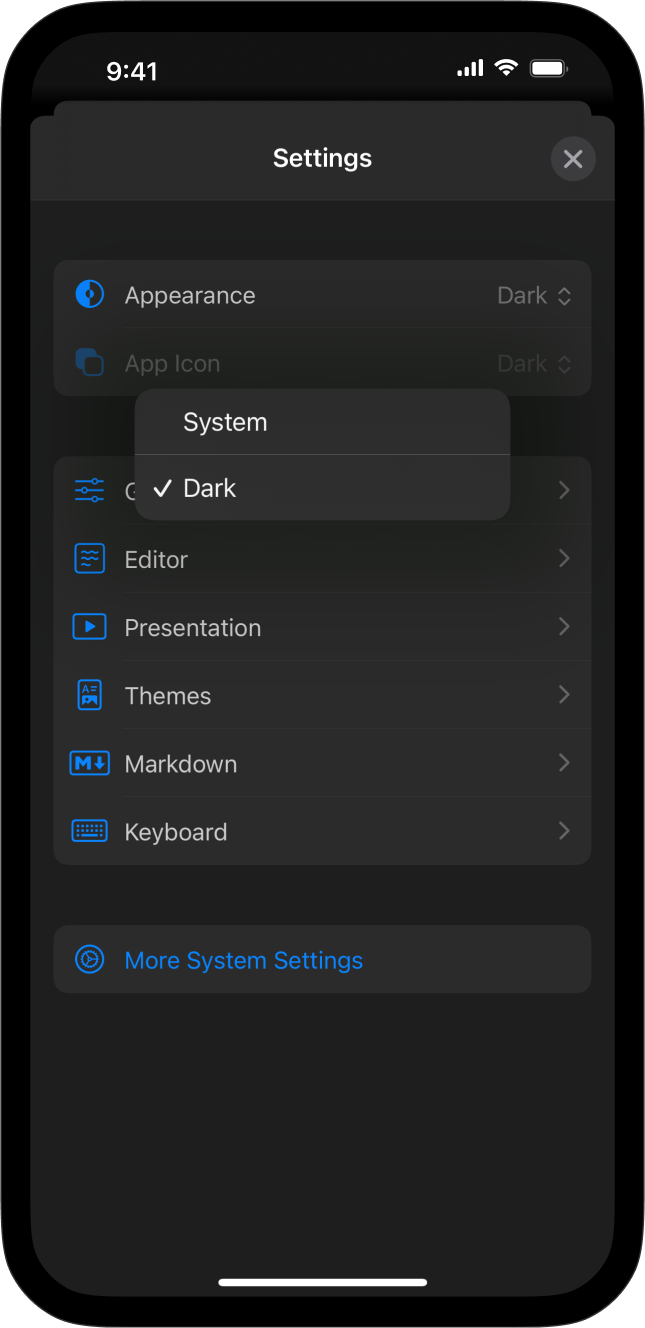 The main menu of the Settings in Presenter for iOS, showing the App Icons menu options