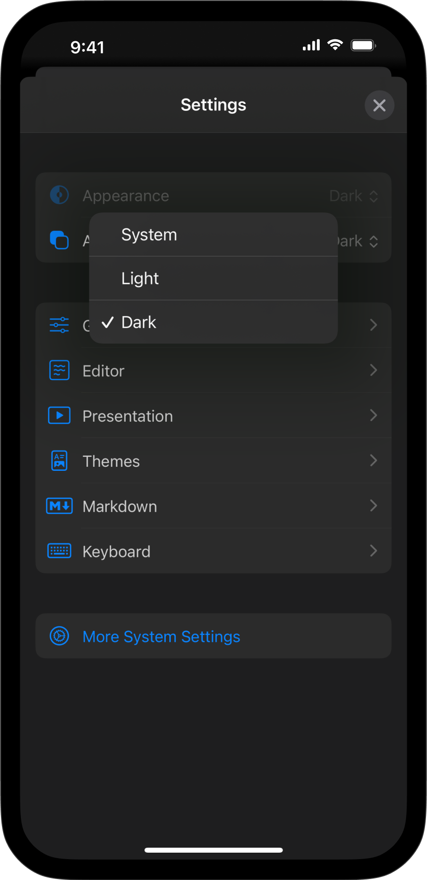 The main menu of the Settings in Presenter for iOS, showing the Appearance menu options