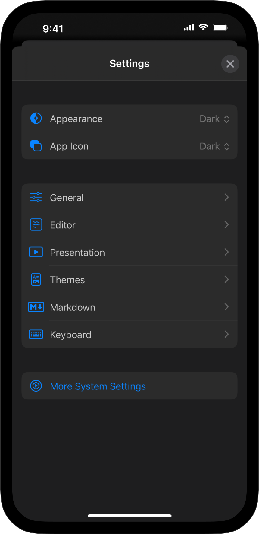 The main menu of the Settings in Presenter for iOS