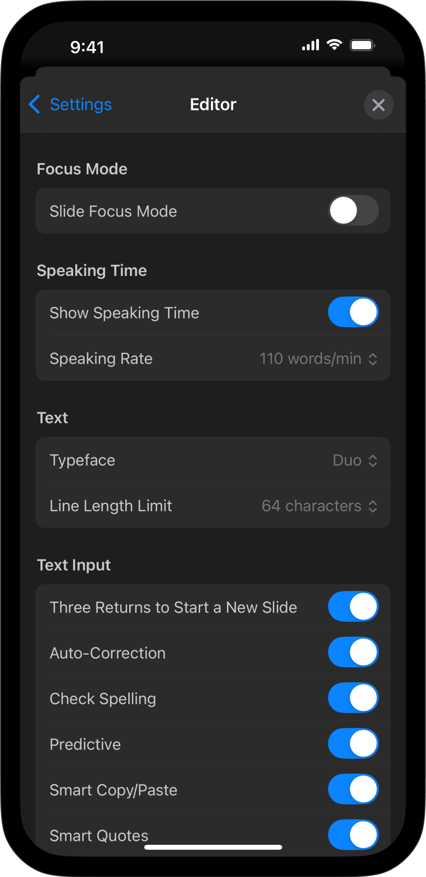 Screenshot of the Editor Menu Settings options