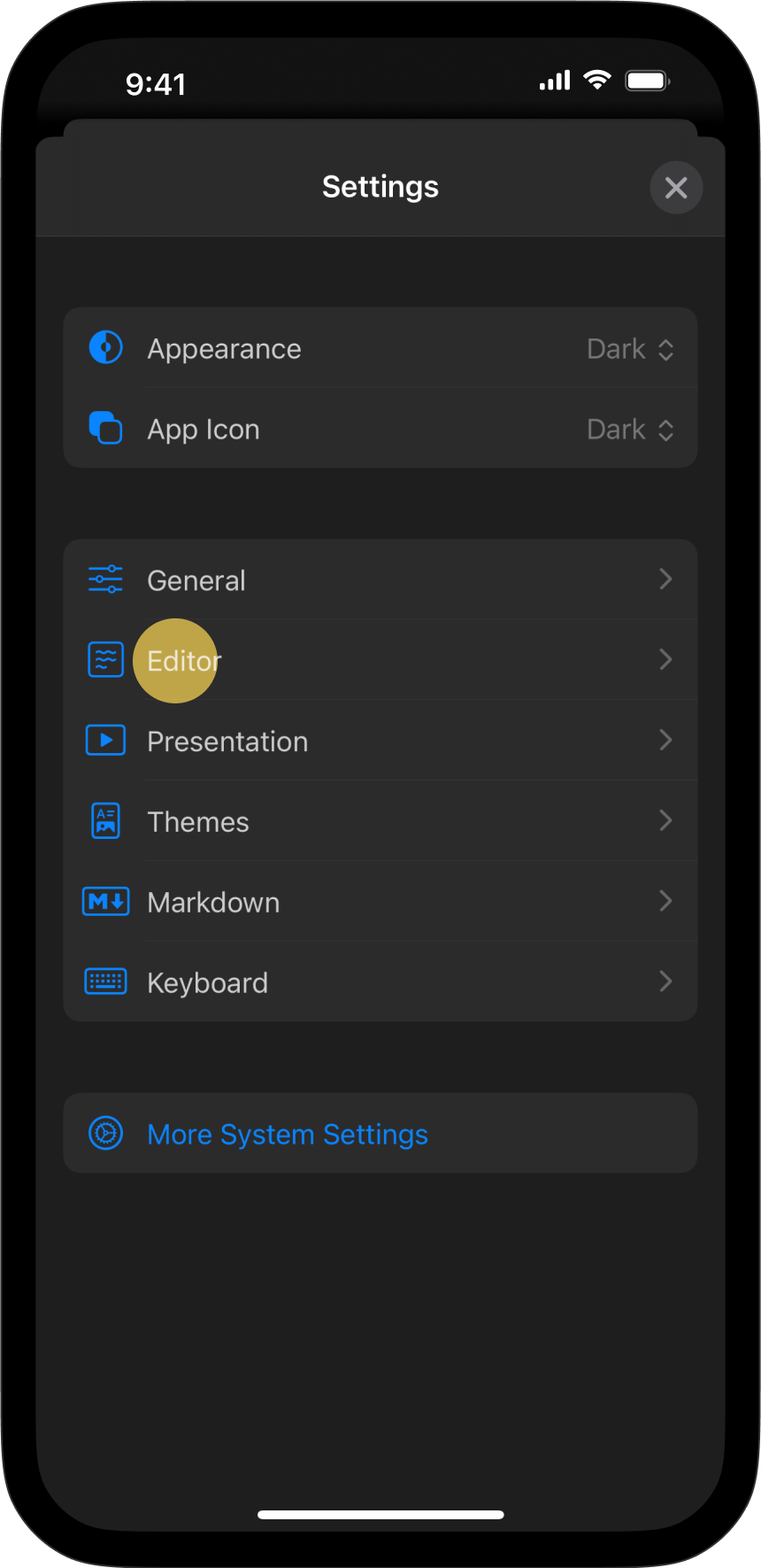 The Settings menu, with Editor tab highlighted