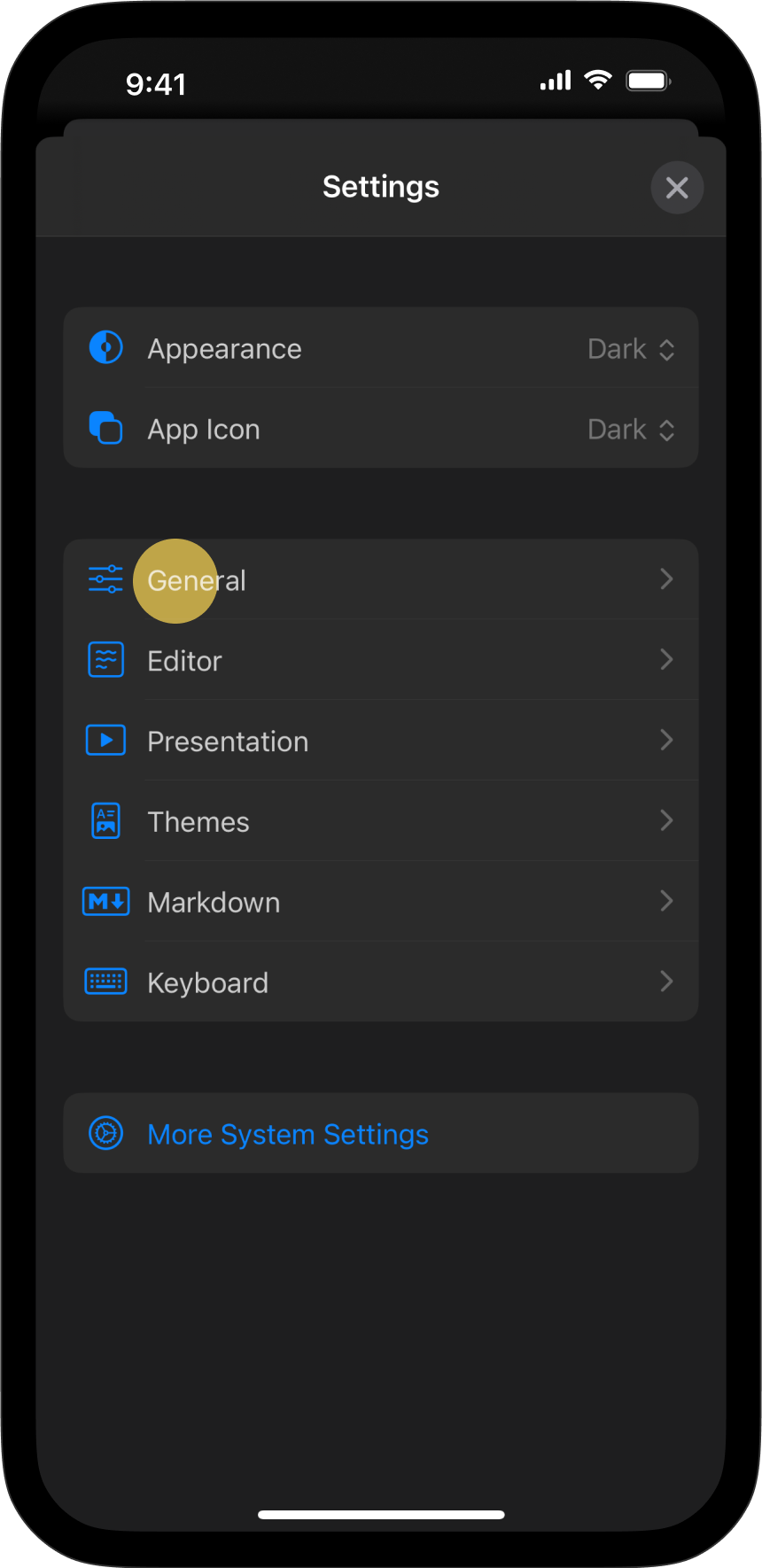 The Settings menu, with General tab highlighted