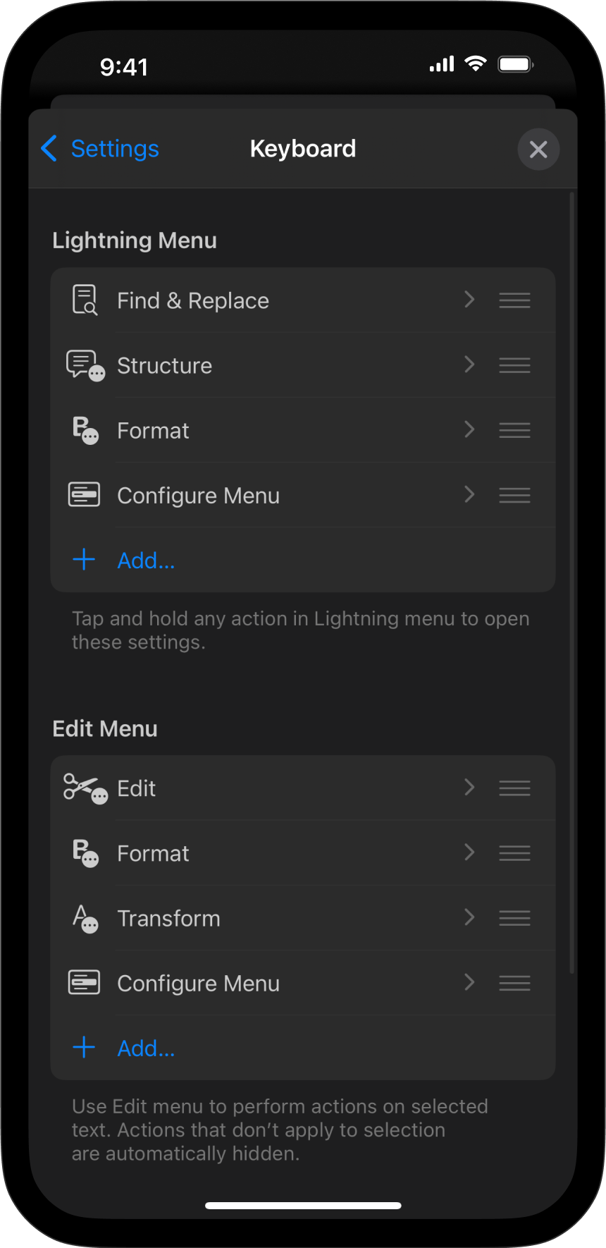 Screenshot of the Keyboard Menu Settings options