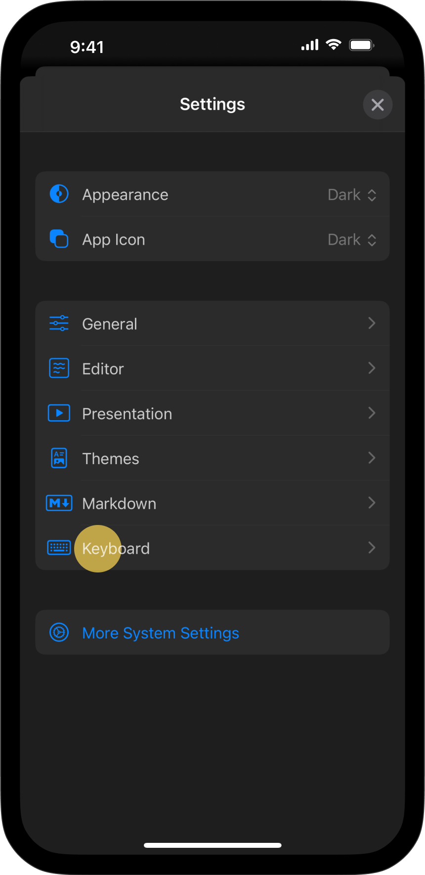 The Settings menu, with Keyboard tab highlighted