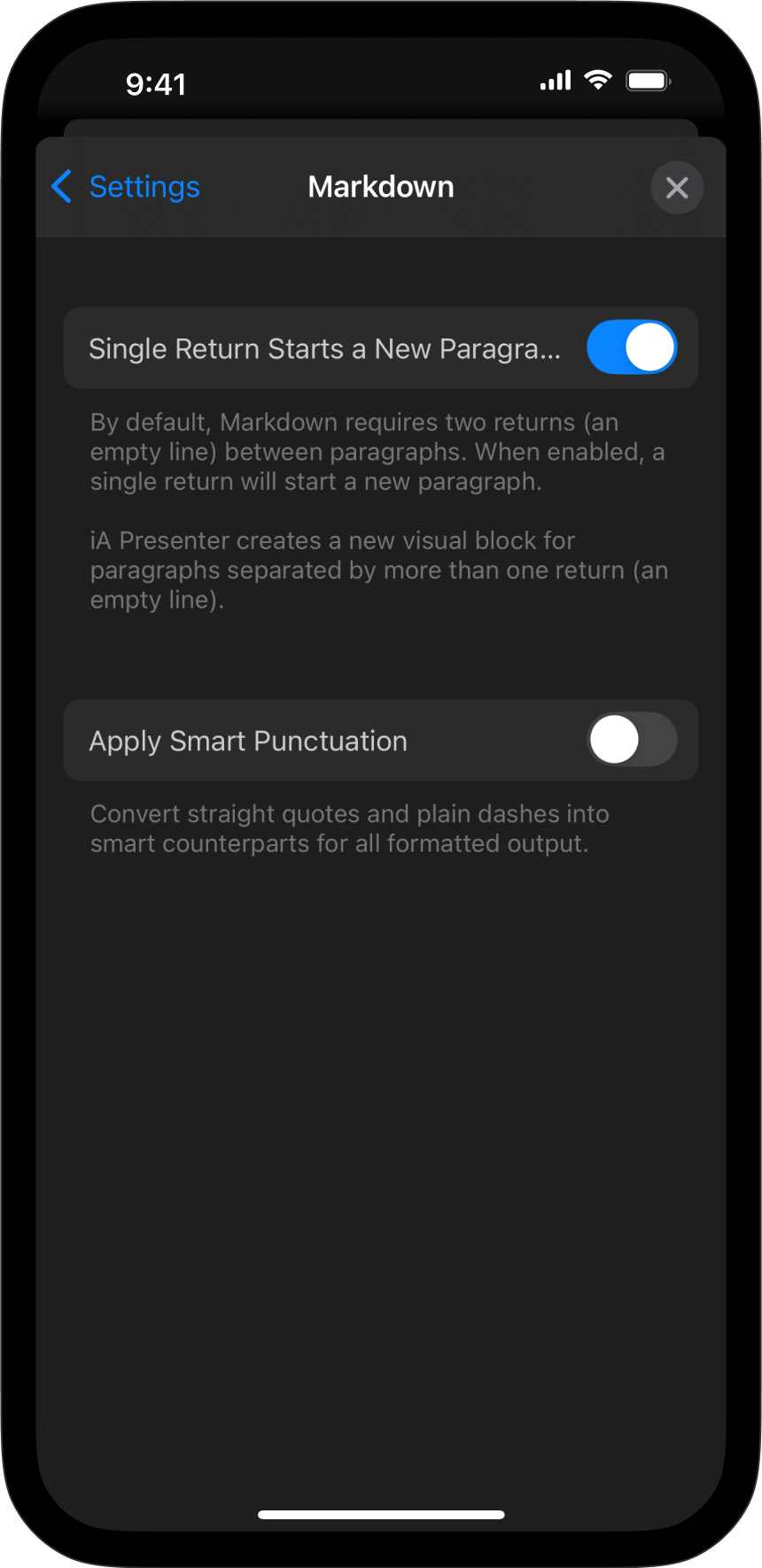 Screenshot of the Markdown Menu Settings options