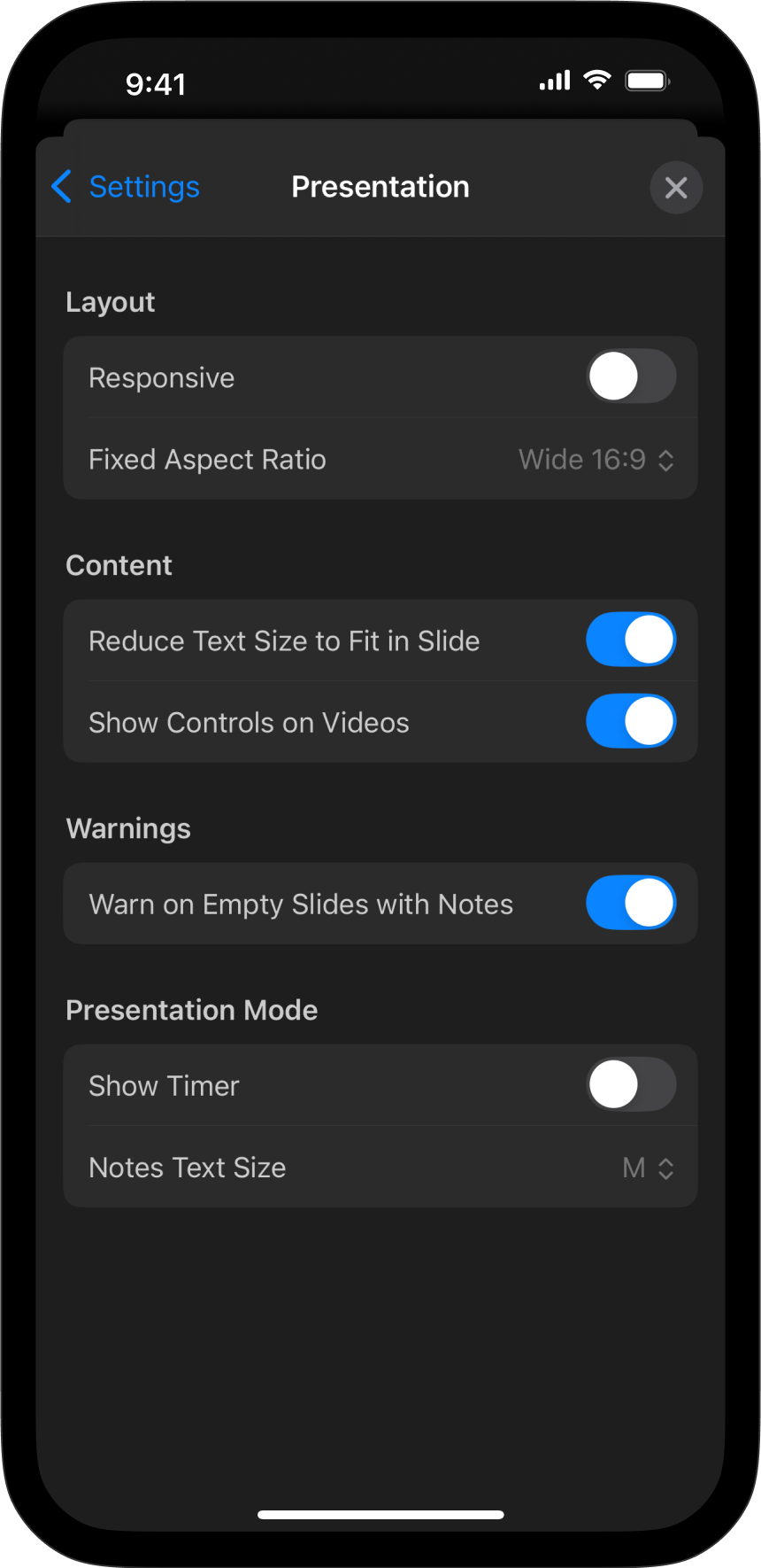 Screenshot of the Presentation Menu Settings options