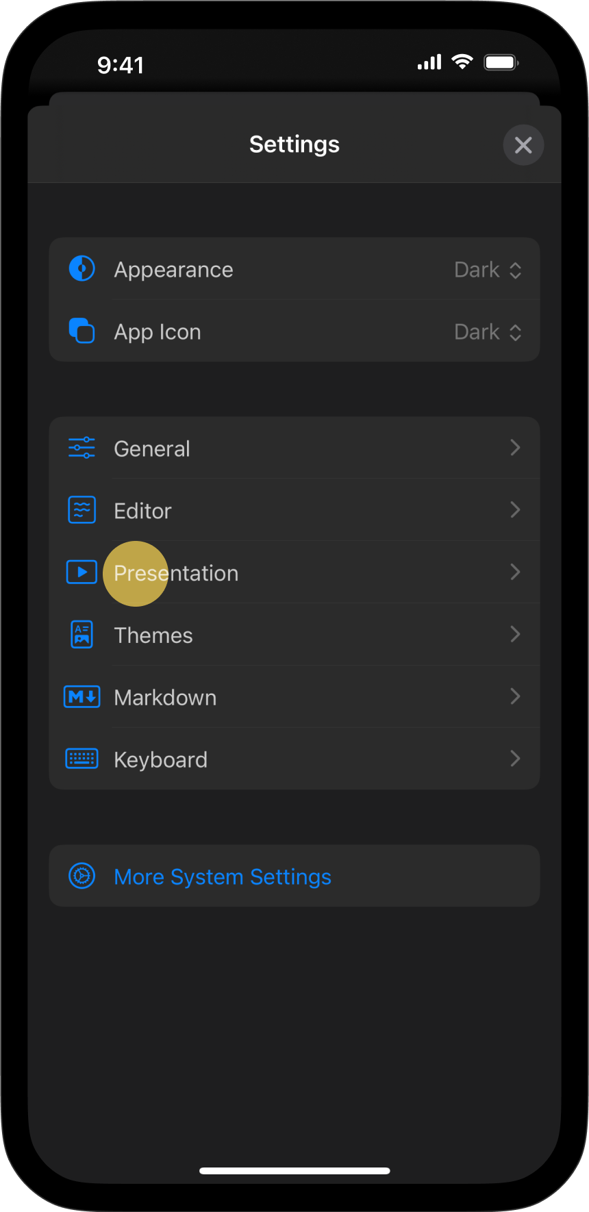 The Settings menu, with Presentation tab highlighted