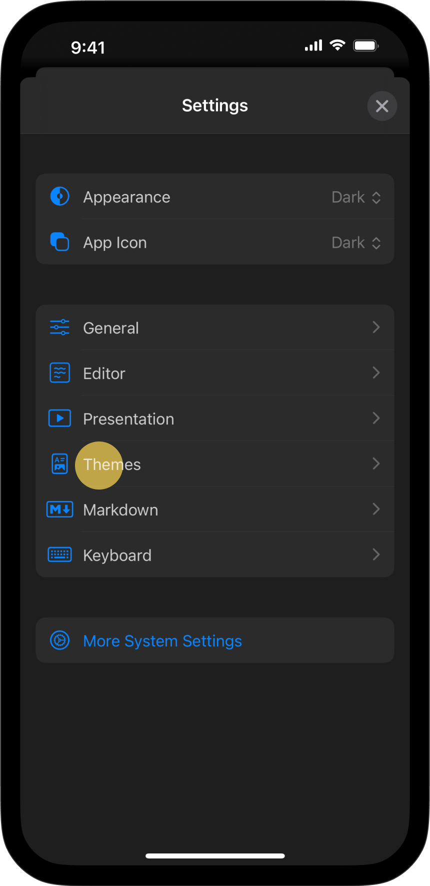 The Settings menu, with Themes tab highlighted