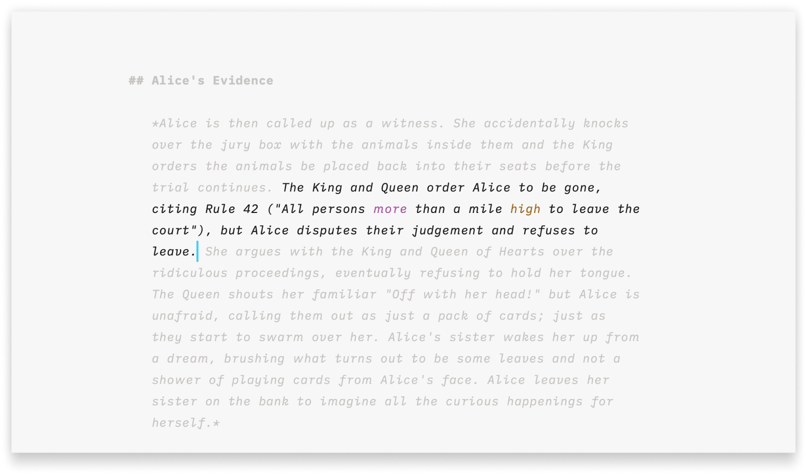 Screenshot of Writer with Syntax Highlight and Focus Mode enabled together