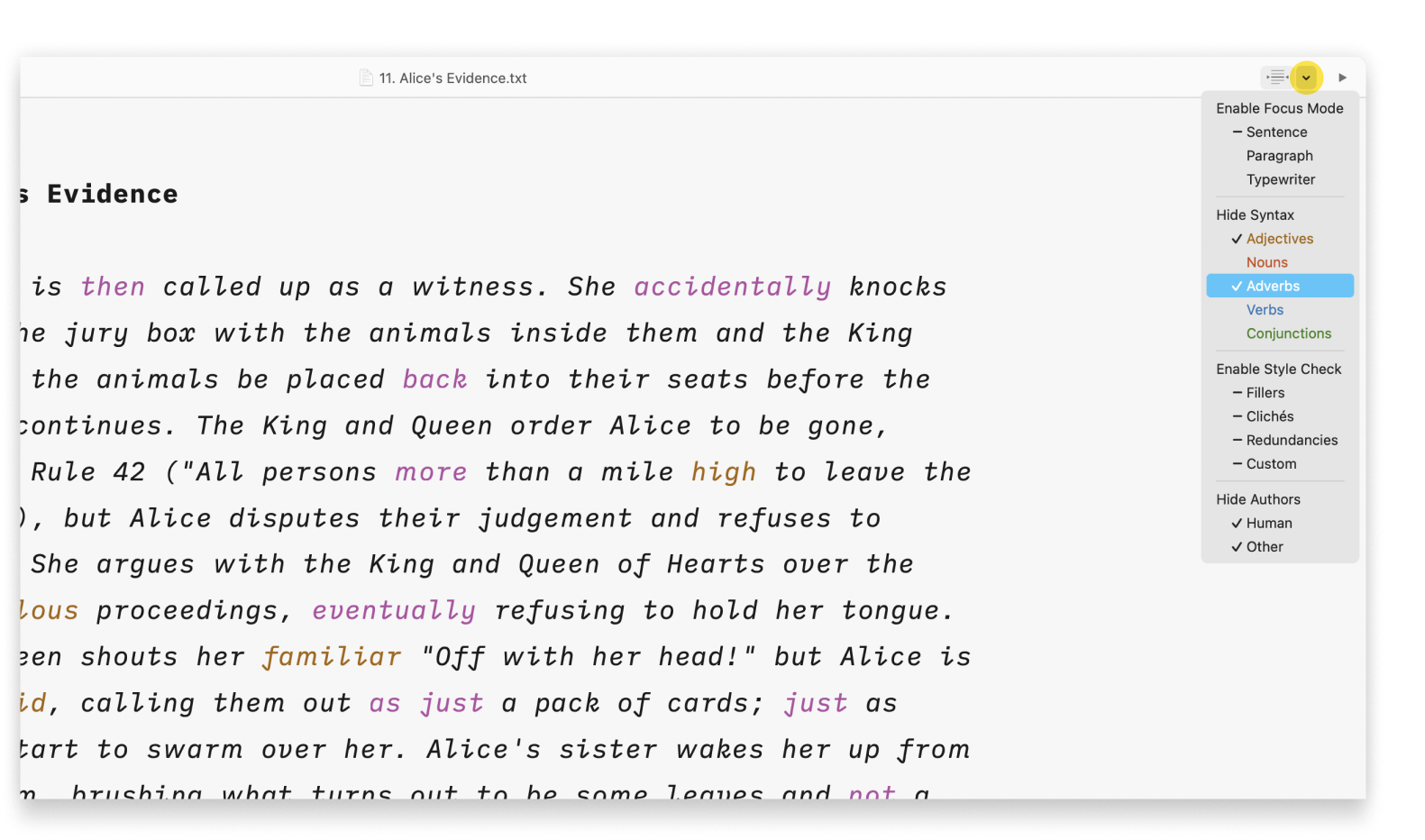 Screenshot of the Quick menu on the top left of the Toolbar to enable Syntax Highlight