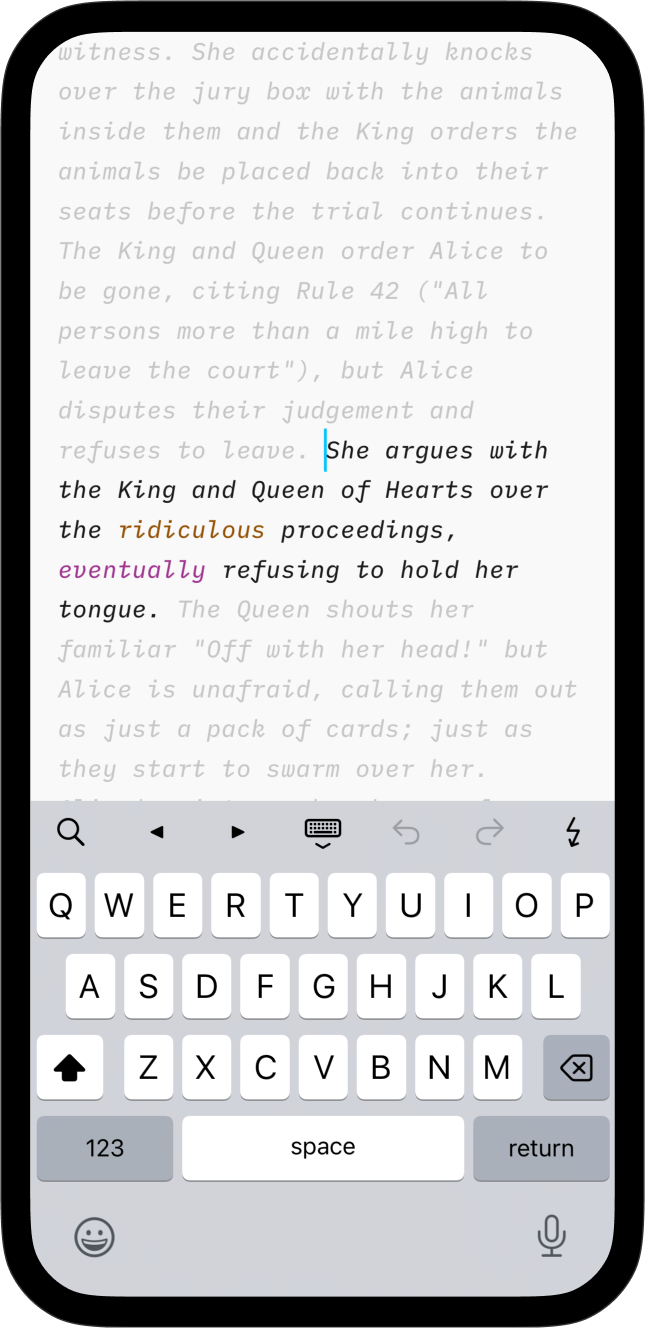 Screenshot of Writer for iOS with Syntax Highlight and Focus Mode enabled