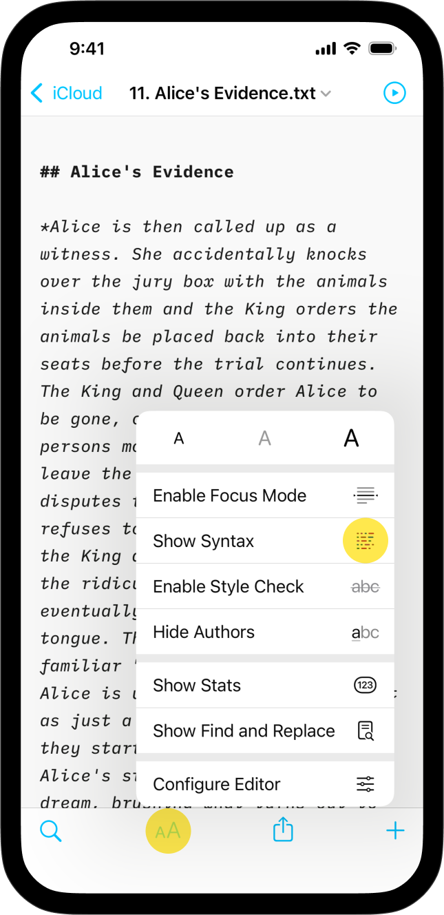 Screenshot of Writer for iOS showing how to enable Syntax Highlight from the toolbar menu