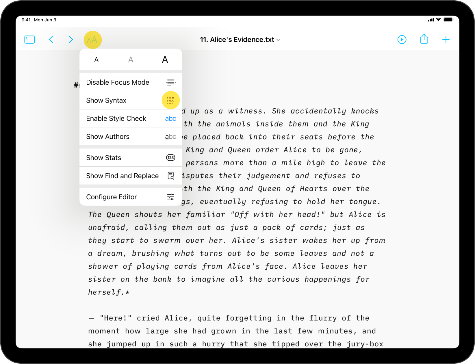 Screenshot of Writer with the AA Menu open and Show Syntax option highlighted from the context menu
