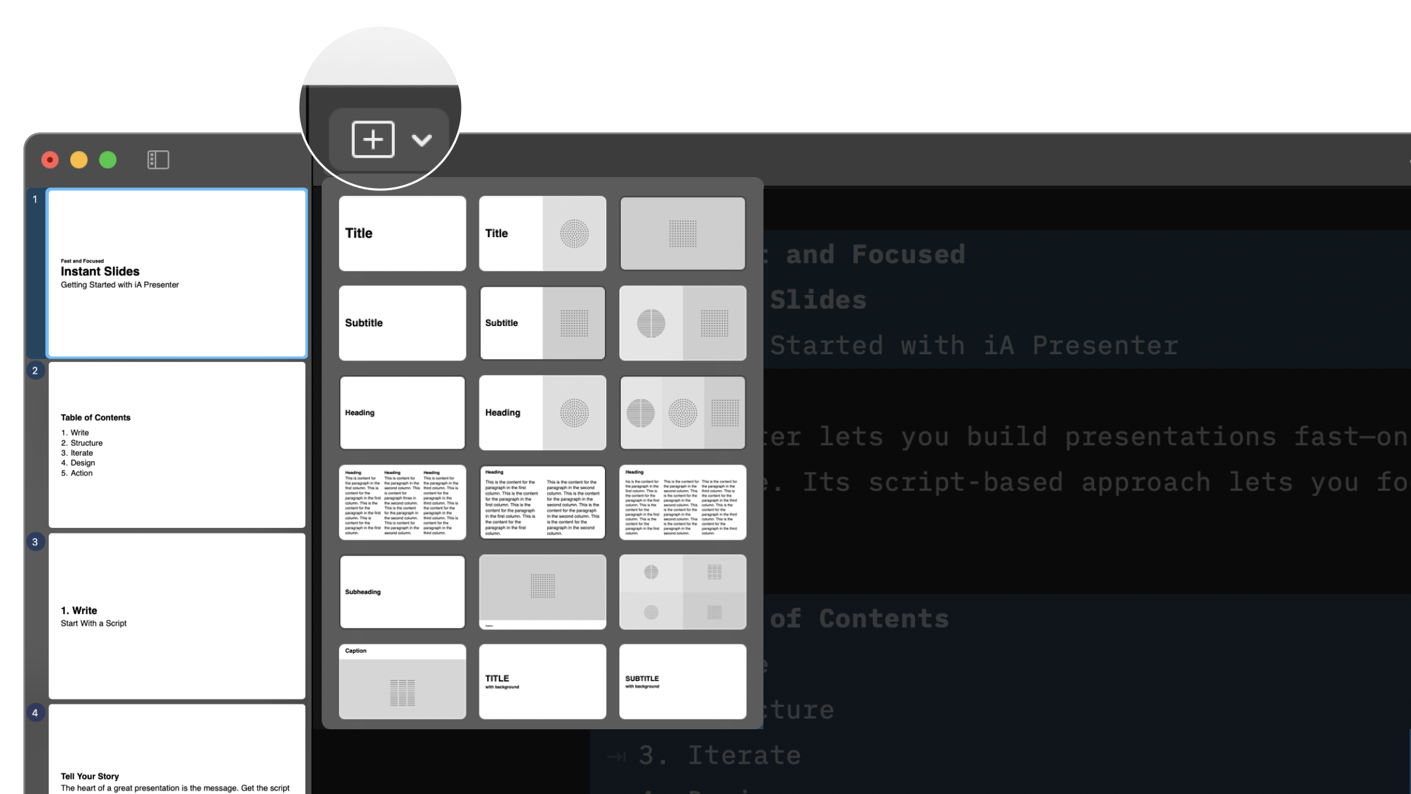 The Add Slide icon on the left of the Toolbar.