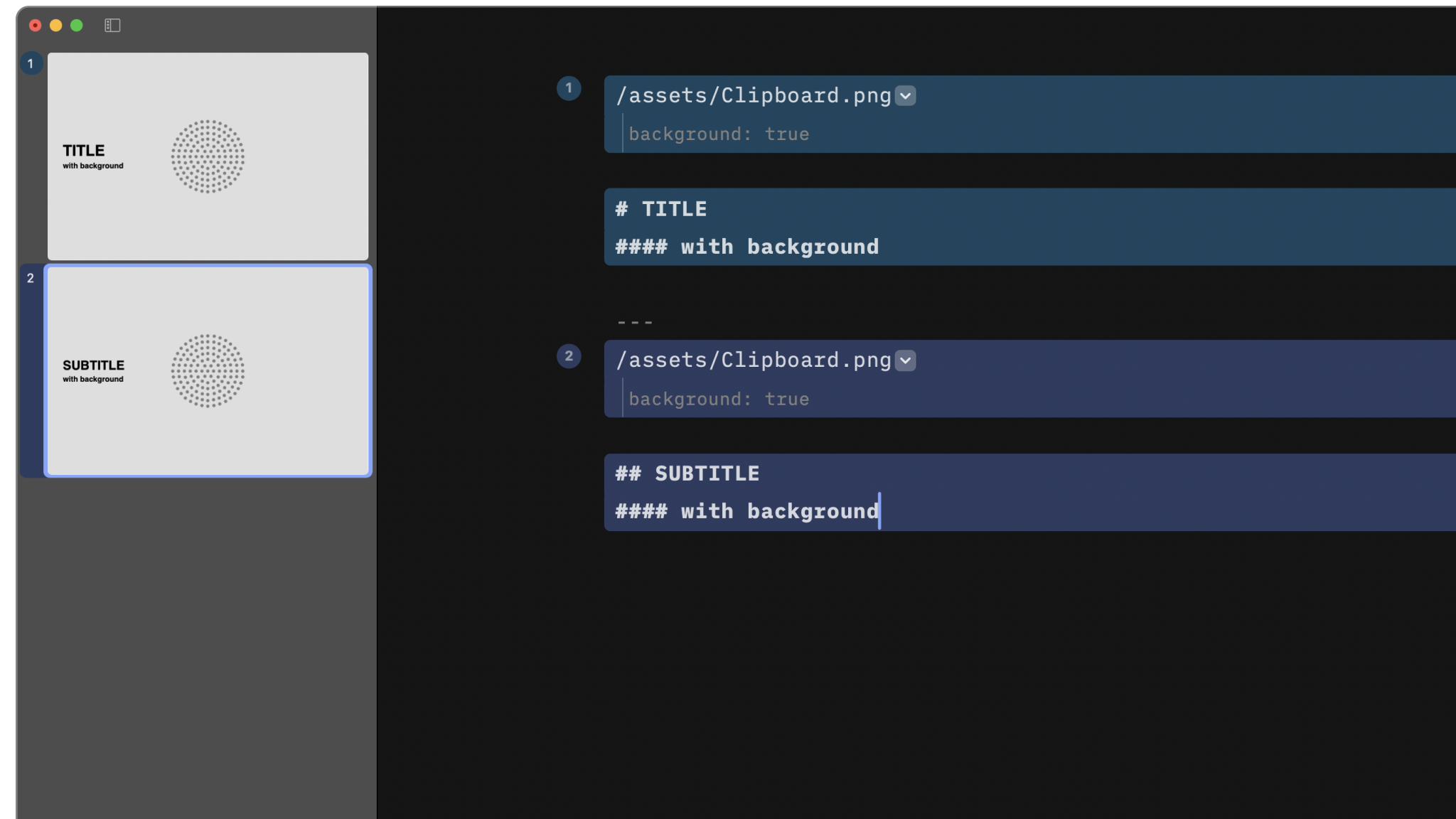 An image with the background class added in the Editor, and in a different cell a Title and subtitle.