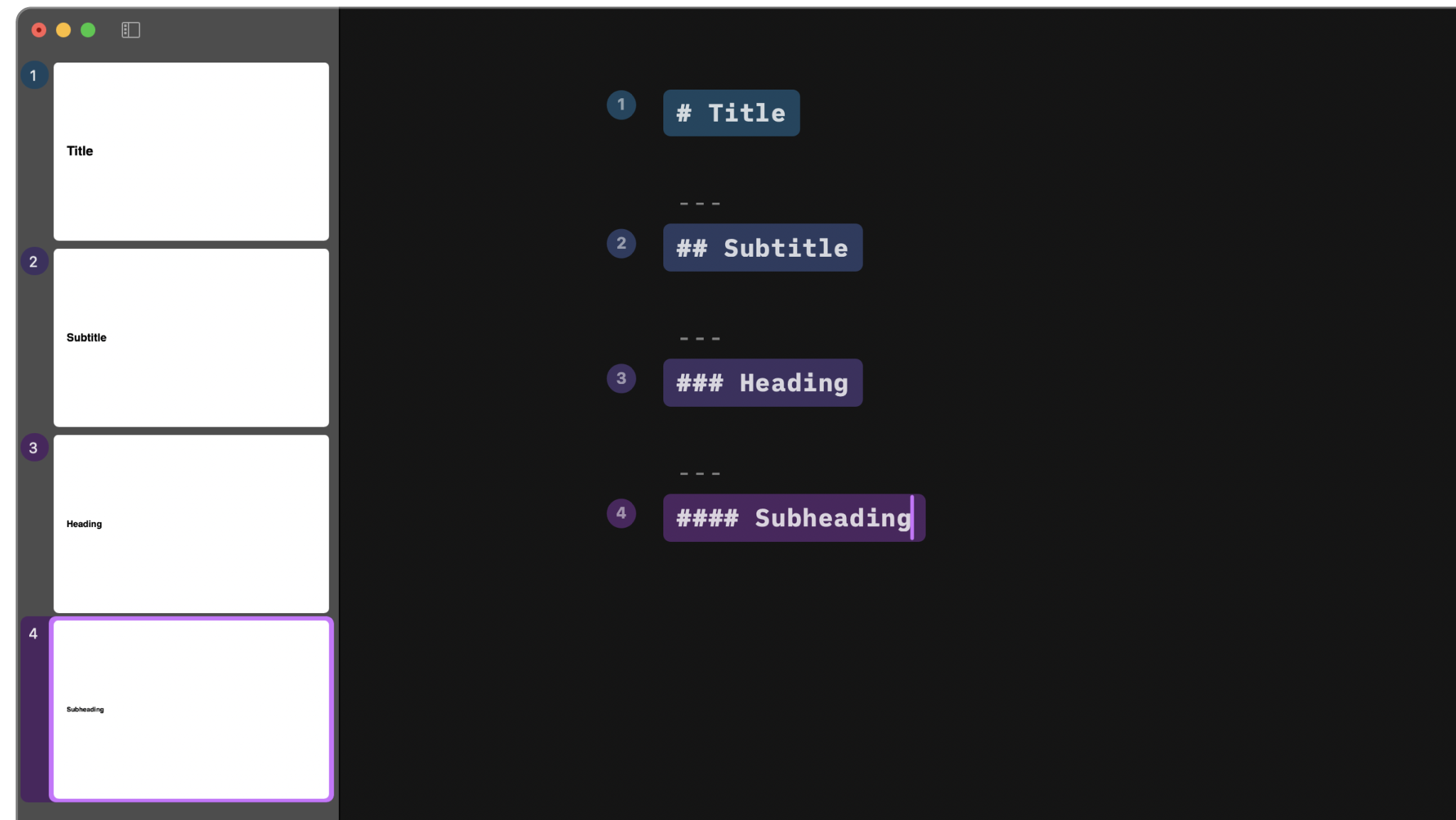 Title, subtitle, heading and subheading in the Editor.