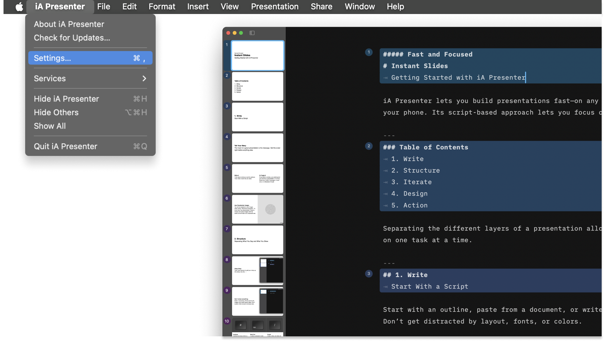 Screenshot of iA Presenter for Mac showcasing how to access the Settings of the app.